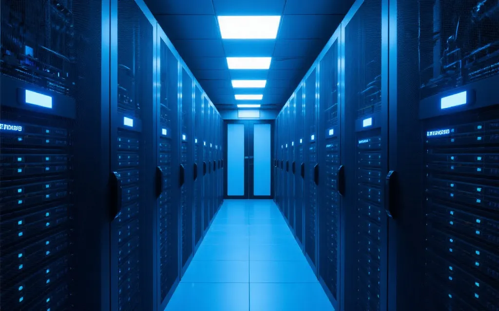 现代服务器机房,蓝色灯光,保障数据安全
